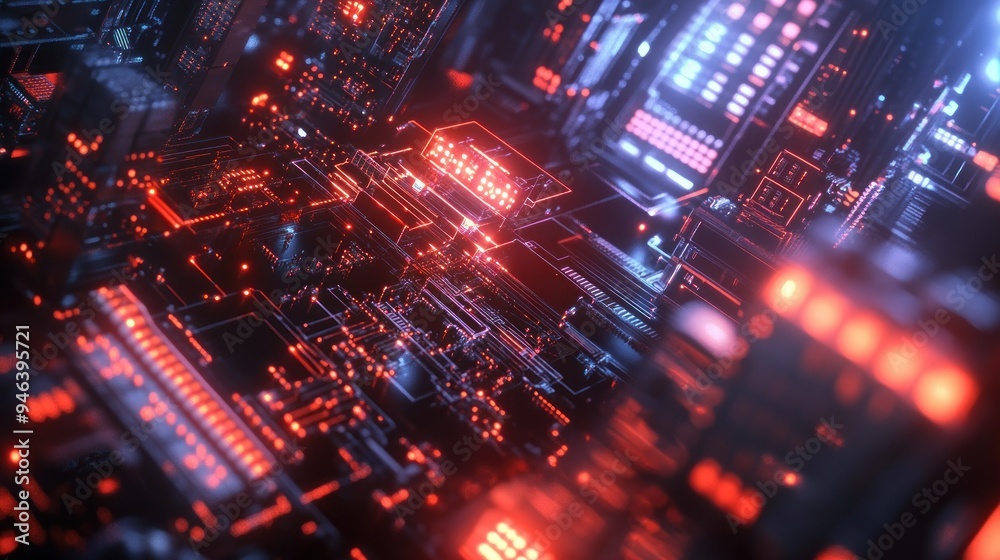 Poster abstract futuristic cyberpunk circuit board with red and blue lights