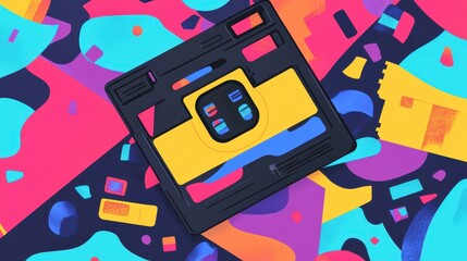 A floppy disk rests on a background featuring vibrant, abstract shapes in various colors, highlighting retro digital culture