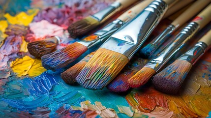 Obraz premium Close-Up of Colorful Paintbrushes with Vibrant Oil Paints Creating Dynamic Strokes, Showcasing Artistic Creativity and Expression, Perfect for Painting-Themed Posters, Backgrounds, and Banners