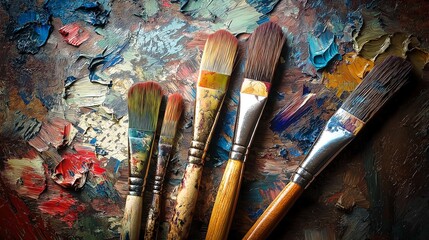 Fototapeta premium Close-Up of Colorful Paintbrushes with Vibrant Oil Paints Creating Dynamic Strokes, Showcasing Artistic Creativity and Expression, Perfect for Painting-Themed Posters, Backgrounds, and Banners