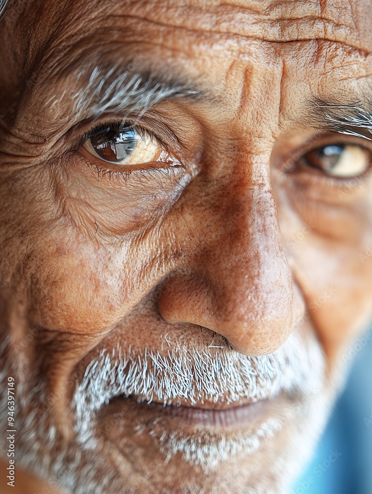 Poster An elderly man with deep wrinkles and soft eyes embodies wisdom and tranquility, representing different ethnic backgrounds in a serene, warm light. Generative AI