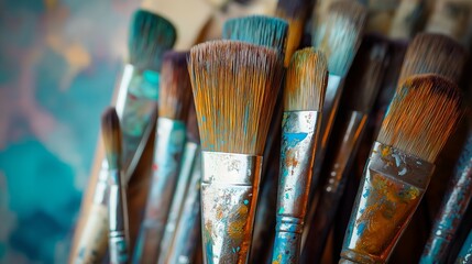 Close-Up of Colorful Paintbrushes with Vibrant Oil Paints Creating Dynamic Strokes, Showcasing Artistic Creativity and Expression, Perfect for Painting-Themed Posters, Backgrounds, and Banners