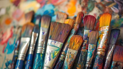 Fototapeta premium Close-Up of Colorful Paintbrushes with Vibrant Oil Paints Creating Dynamic Strokes, Showcasing Artistic Creativity and Expression, Perfect for Painting-Themed Posters, Backgrounds, and Banners