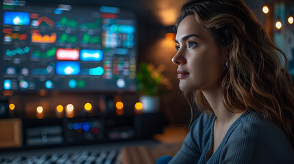 Fototapeta premium A woman with long hair focused on a digital screen displaying data and graphs in a dimly lit, modern workspace environment