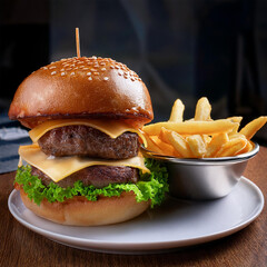 Burger and fries // Beef tenderloin burger with lettuce and cheese sits on a white plate 