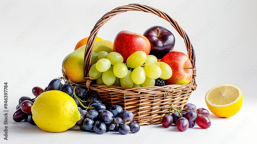 Poster packshot of a fruit basket containing three types of apple : generative ai