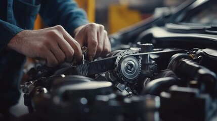 Obraz premium Mechanic Working on a Car Engine
