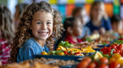 bustling primary school cafeteria where children from diverse backgrounds : Generative AI