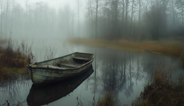 Abandoned fishing boat on a foggy lake in winter - Powered by Adobe