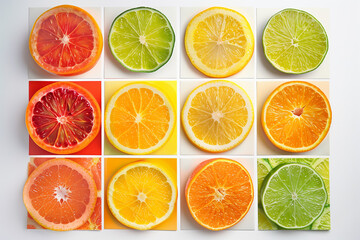 Fototapeta premium Citrus slices in squares on a white background.
