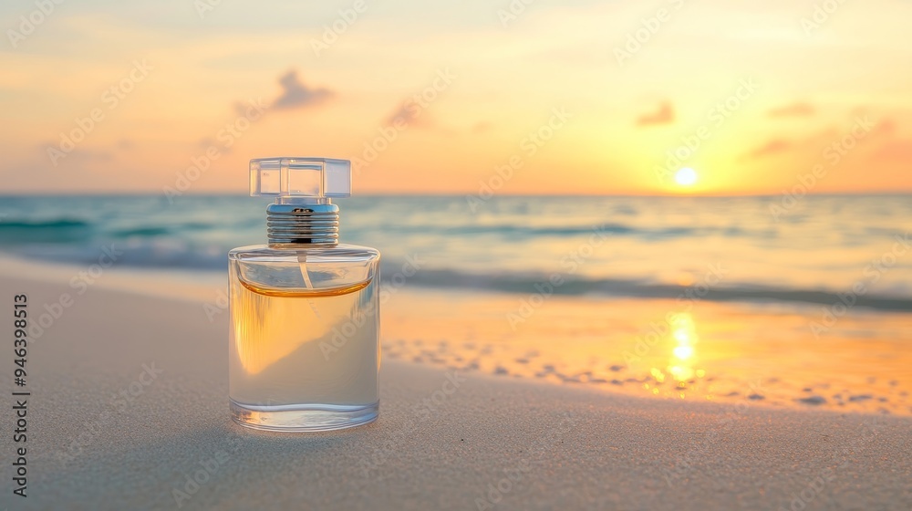 Canvas Prints A serene sunset scene featuring a perfume bottle resting on soft sand, symbolizing elegance, tranquility, luxury, nature, and relaxation.