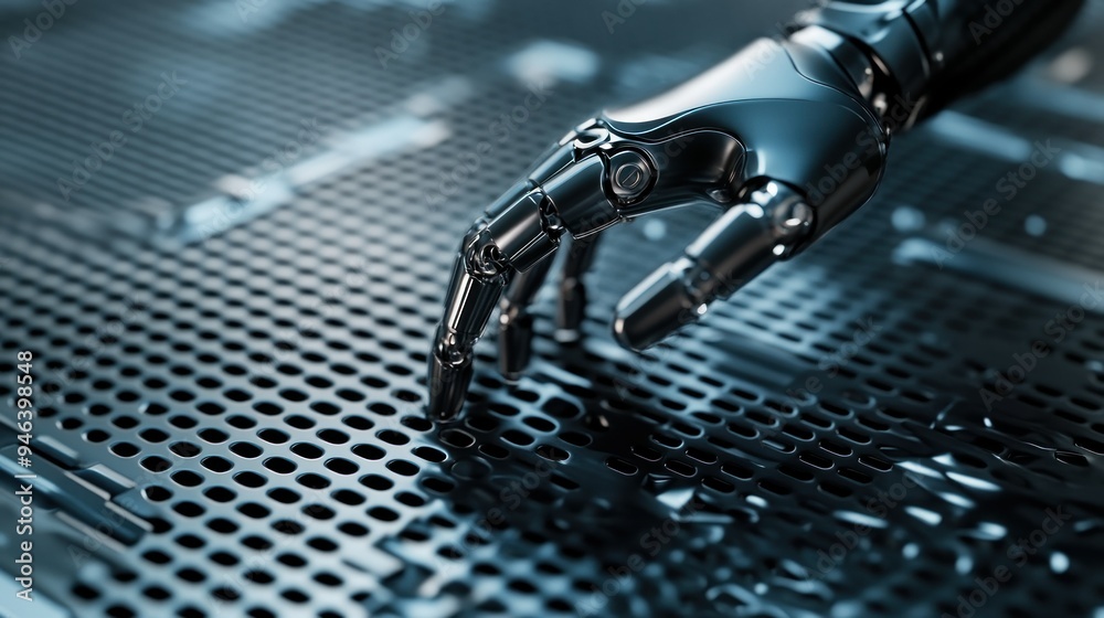 Poster a metallic robotic hand hovering over a perforated surface