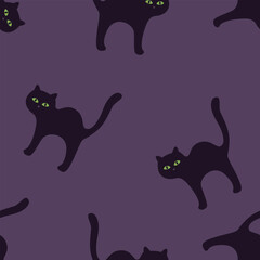 Black cats on dark background. Halloween seamless pattern.  Vector cartoon flat illustration