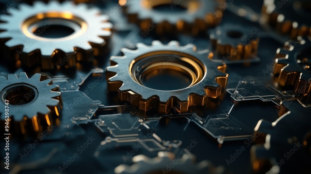 Poster Close-up of Interlocking Gears on a Circuit Board