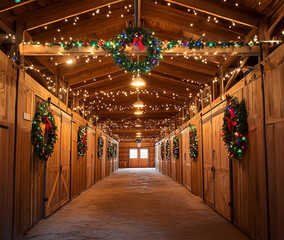 Interior of a barn decorated for Christmas with lights and greenery