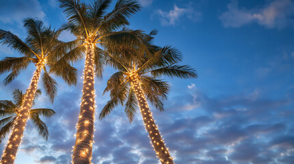 Low angle view of Palm trees wrapped in white Christmas lights agains sunset sky with room for text 