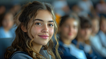 Fototapeta premium Portrait of a smiling teenage girl with long curly hair in a classroom setting, with blurred classmates in the background