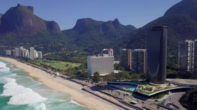 Drone view of Sao Conrado beach and skyscrapers in Rio de Janeiro.