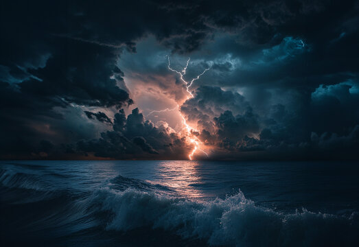 Lightning strike over the ocean at night
