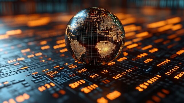 A holographic globe rotates above a digital grid filled with glowing data points, illustrating global connectivity and information trends.
