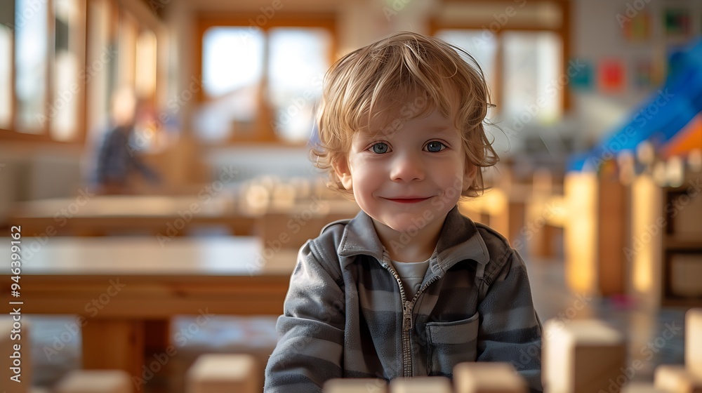Aufkleber toddler boy playing blocks at the table : Generative AI