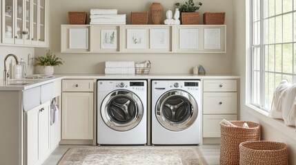 A Modern Laundry Room with White Cabinets and Stainless Steel Appliances