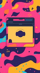 A floppy disk is prominently displayed against a lively backdrop filled with abstract shapes and bright colors, creating a nostalgic atmosphere