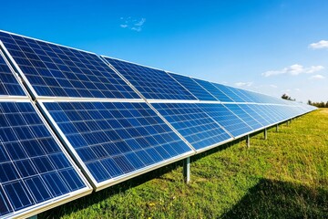 Solar panels shine under a clear blue sky. Green energy solution for a sustainable future. Powering homes and businesses with clean energy. Generative AI