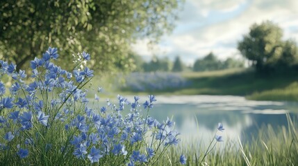 Blue Flowers by a Calm River in a Lush Meadow