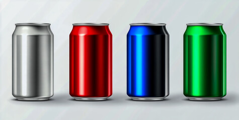 Set of blank color aluminum drink cans isolated on a white background