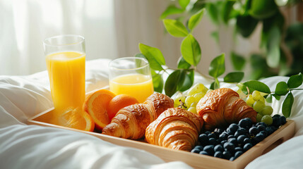 A cozy breakfast scene featuring croissants, fruits, and refreshing juices on a tray, set against a bright window backdrop.