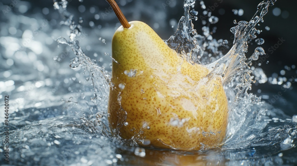 Poster A Pear Splashing Into a Pool of Water