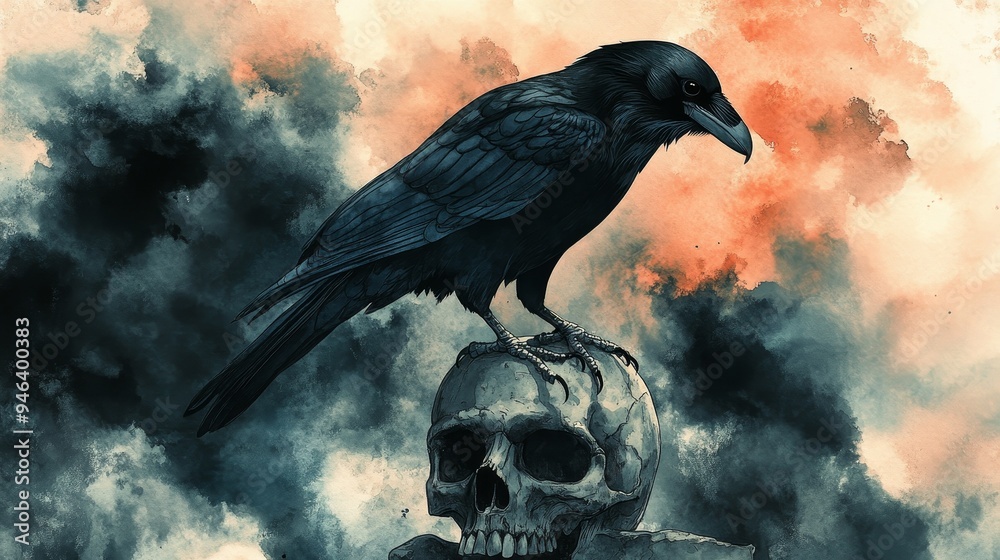 Wall mural A solitary black raven perches atop a human skull, its dark silhouette standing out against a backdrop of ominous, swirling clouds. The image symbolizes death, mystery, and the passage of time, with t