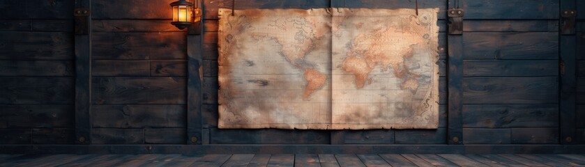 Ghostly pirate captain's quarters, dim lantern light, ancient map, Watercolor style