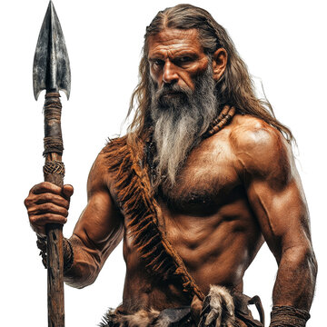 Ancient hunter with a spear in primitive attire warrior portrait transparent background