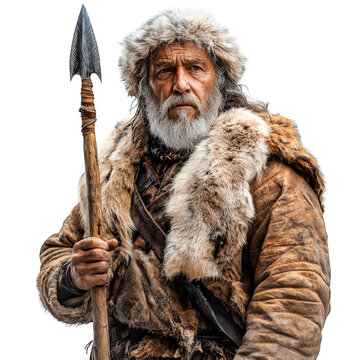 Elderly hunter with spear in fur attire prehistoric survivalist portrait transparent background