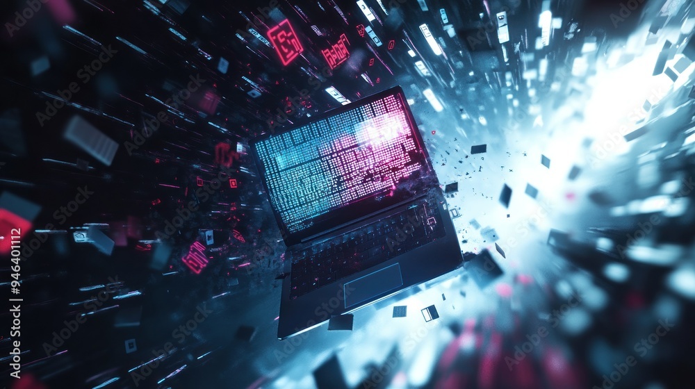 Poster A Laptop Screen Showing Code with Neon Lights and Falling Pixels