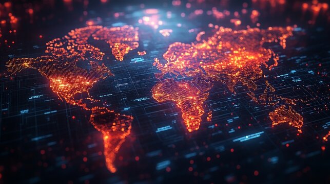 A holographic world map illuminated with vibrant colors showcases real-time news and events, highlighting global connectivity and information flow.