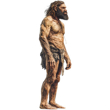 Neanderthal human full-body 3D illustration standing posture prehistoric concept transparent background