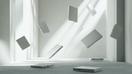 White Laptops Floating in a White Room