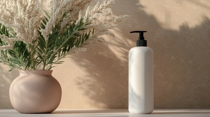 A sleek white lotion bottle with a black dispenser, placed near a detailed floral decor vase. Highlights a blend of gentle elegance and everyday beauty in a simple setting.