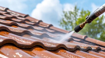 Close-up of a pressure washer cleaning red roof tiles, removing dirt and debris, emphasizing home maintenance and care.