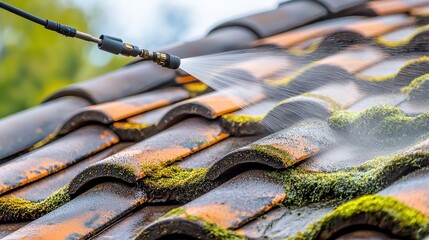 Close-up of high-pressure water cleaning removing moss and dirt from ceramic roof tiles, showing maintenance and upkeep process.