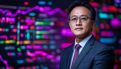 Confident professional analyzing data trends in a vibrant financial setting