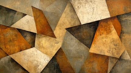 Cubist-inspired background, fragmented shapes, muted earth tones, textured finish