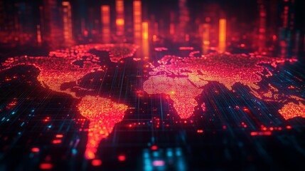 The digital artwork showcases a holographic map of the world, highlighting global wealth with glowing red and orange data points.