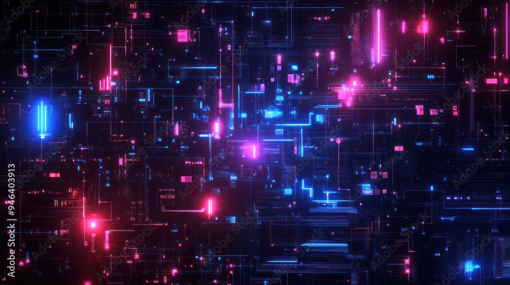 Poster abstract digital network with glowing blue and pink lines