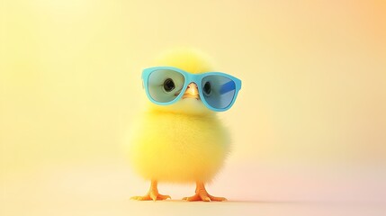 Playful Yellow Chick in Oversized Blue Sunglasses: Perfect Poster for Fun Sports Interiors or Children's Rooms, Bringing Joy and Brightness to Any Space!
