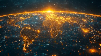 This holographic visualization illustrates global wealth distribution, highlighting economic clusters and data trends in various regions.