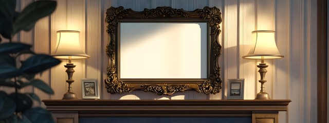 Ornate Antique Frame Mockup in Cozy Farmhouse Living Room Interior Centered on Mantelpiece Under Dramatic Lighting for Vintage Opulent Atmosphere